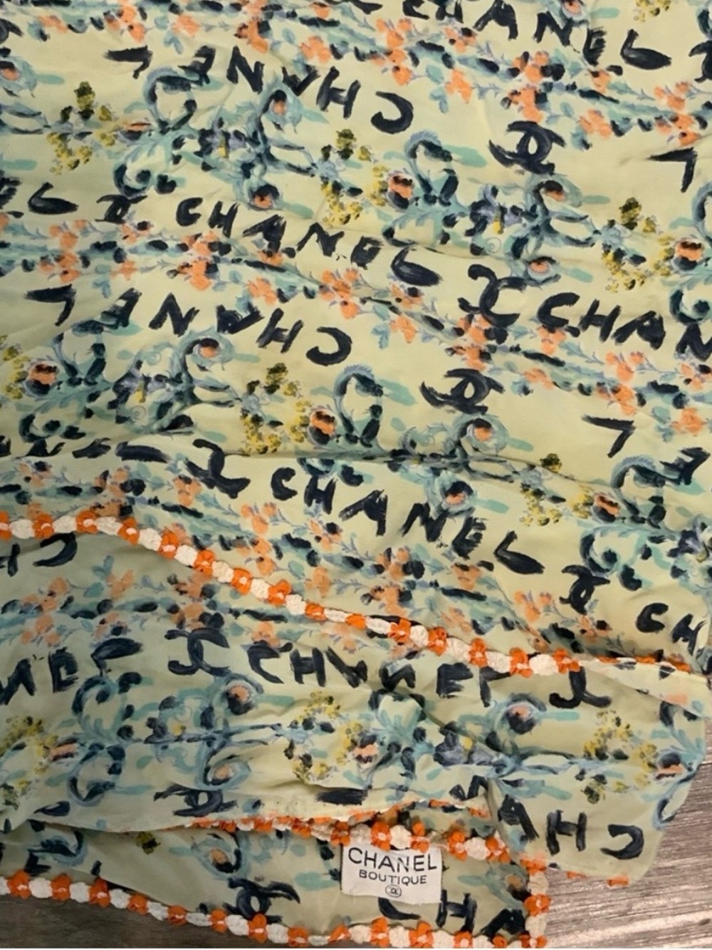 CHANEL Pastel Green Floral & Script Silk Scarf with Orange Crochet Trim